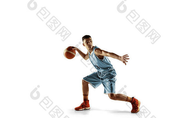 完整的长度肖像年轻的篮球球员球孤立的白色工作室背景少年培训练习行动运动概念体育运动运动健康的生活方式