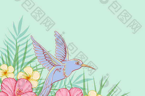 热带绿色背景粉红色的花飞行鸟