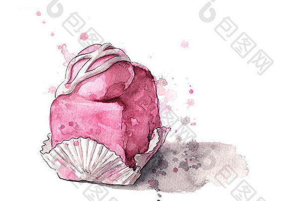 手画粉红色的冰奶油蛋糕画水彩画