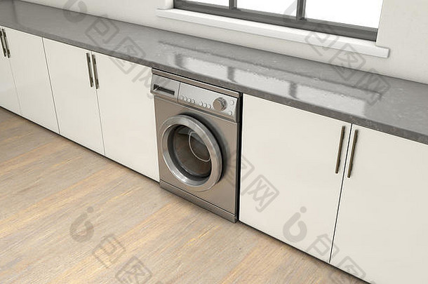 室内清洁空厨房行建橱柜通用的洗机渲染