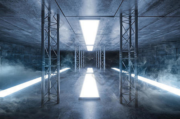 烟sci未来主义的混凝土难看的东西反光宇宙飞船领导激光面板阶段金属结构灯长大厅房间走廊隧道黑暗空