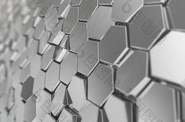 银摘要六角背景深度场效果结构大数量六边形钢蜂窝墙纹理闪亮的六角集群背景呈现