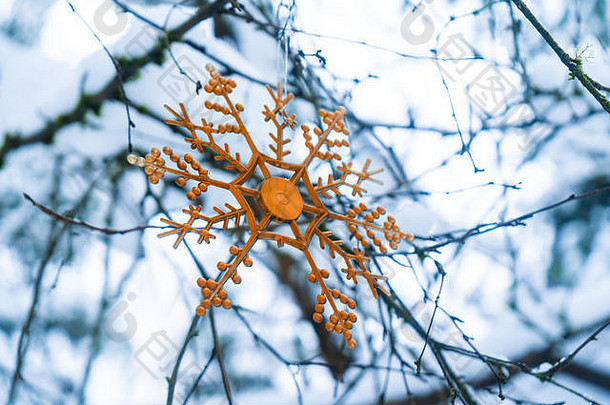 黄金雪花树点缀挂树雪森林冬天仙境特写镜头描绘圣诞节假期冬天时间冷天气