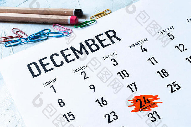 圣诞节夏娃周二12月标志着日历