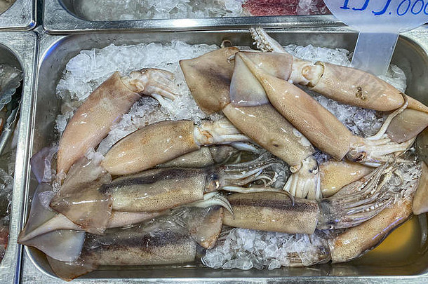 托盘新鲜的鱿鱼冻冰海鲜市场