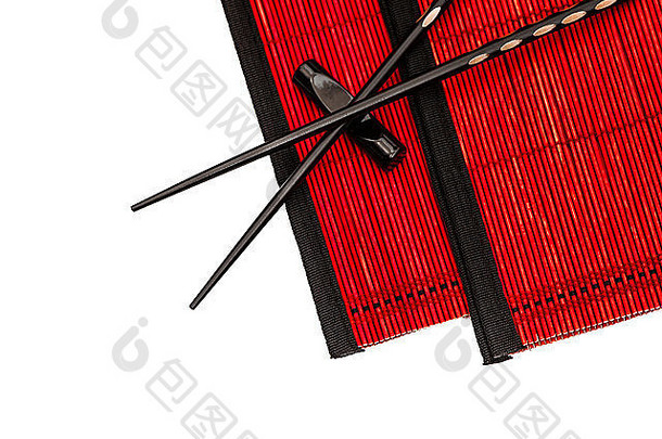 黑色的中国人筷子红色的竹子席亚洲风格表格的地方设置
