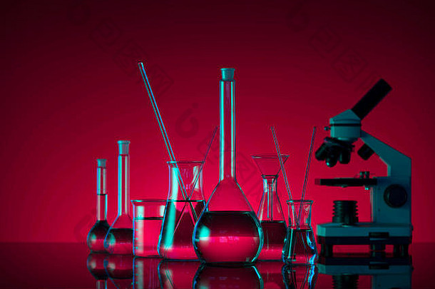 化学实验室概念实验液体实验室玻璃器皿绿色红色的背景的地方标志