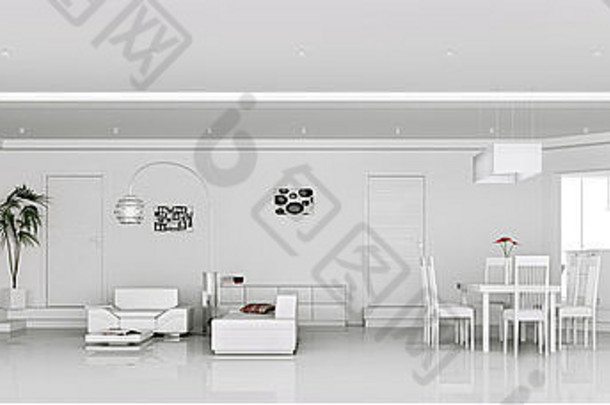 室内现代白色公寓全景渲染