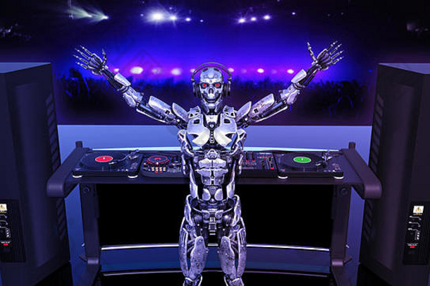 机器人阀瓣骑师Cyborg玩音乐转盘安卓阶段迪杰音频设备后视图呈现