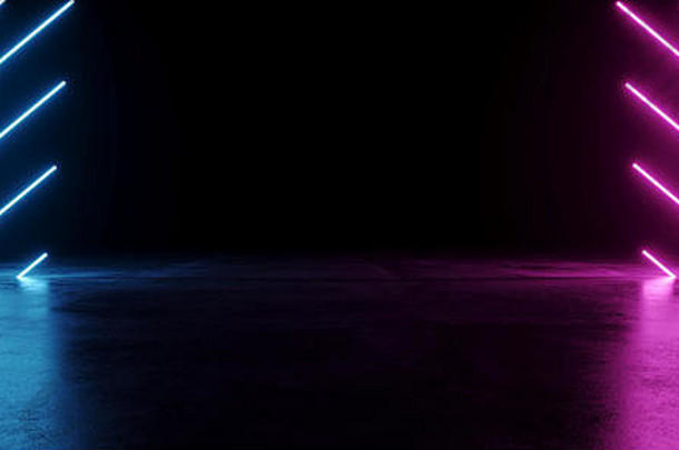 空现代sci未来主义的黑暗房间反射难看的东西混凝土地板上蓝色的紫色的霓虹灯发光的电管形状灯黑色的巴克