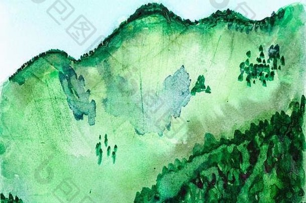 绿色杂草丛生的山夏天手画水彩画油漆白色变形纸