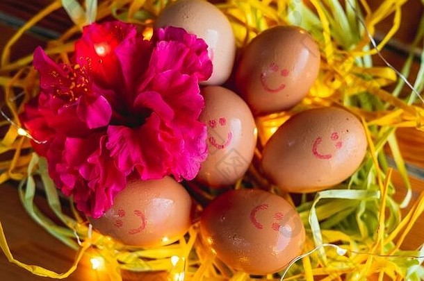 棕色（的）新鲜的鸡蛋微笑脸吸管芙蓉花灯复活节概念
