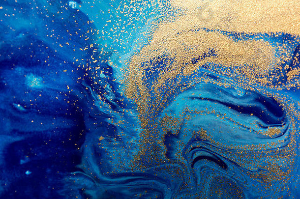 大理石的蓝色的摘要背景金亮片液体大理石墨水模式