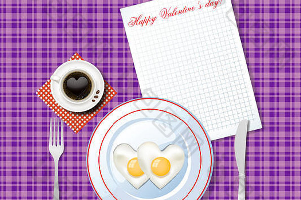 爱早餐的想法插图心形状的炸鸡蛋白色板杯咖啡心多变的桌布清洁表白