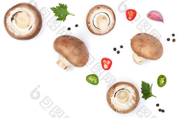 新鲜的食用香草<strong>蘑菇</strong>欧芹花椒红色的热辣椒辣椒孤立的白色背景复制空间文本前视图