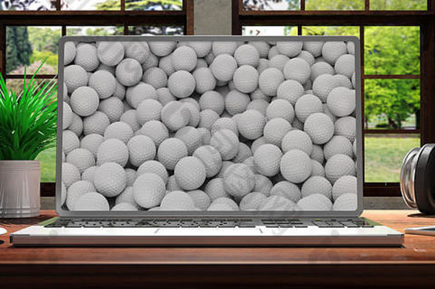 移动PC高尔夫球屏幕银颜色木桌子上房间窗口俯瞰美丽的模糊自然插图