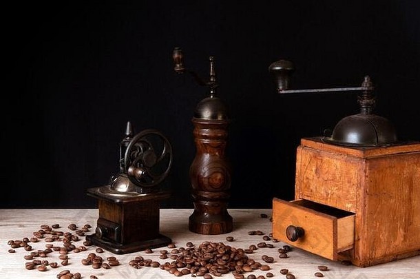 木古董手册咖啡米尔斯胡椒机咖啡豆子分散木表面