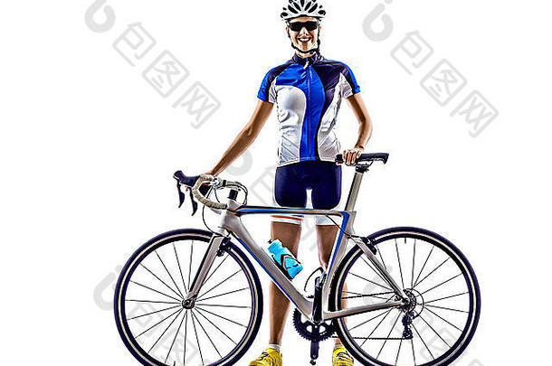女人三项全能运动铁人运动员骑自行车的人骑自行车白色背景