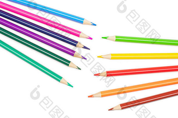 集团11彩色的铅笔冷温暖的γ平铺孤立的白色背景