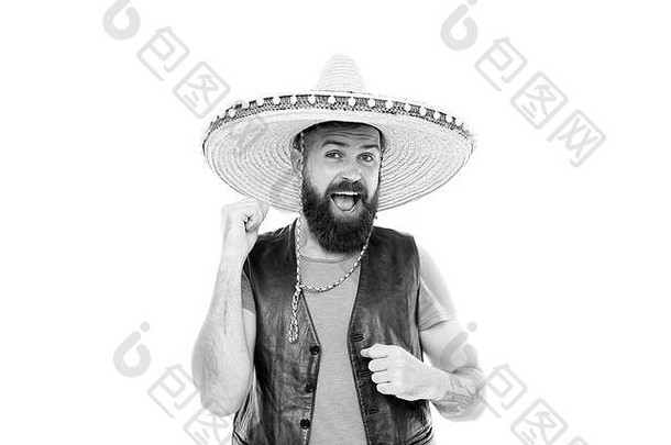 墨西哥聚会，派对概念的家伙快乐快乐的节日装准备好了庆祝墨西哥旋律驱动器男人。有胡子的快乐的的家伙穿帽子墨西哥他庆祝传统的墨西哥假期