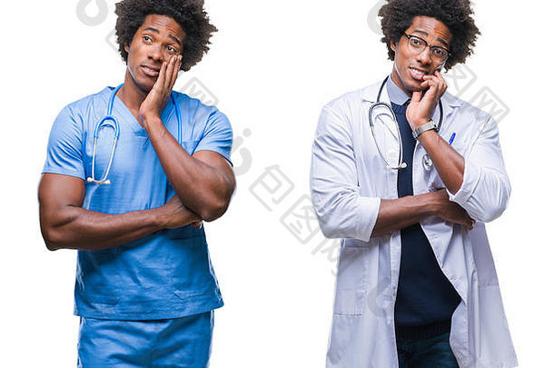 拼贴画非洲美国年轻的外科医生护士医生男人。孤立的背景思考累了无聊抑郁症问题