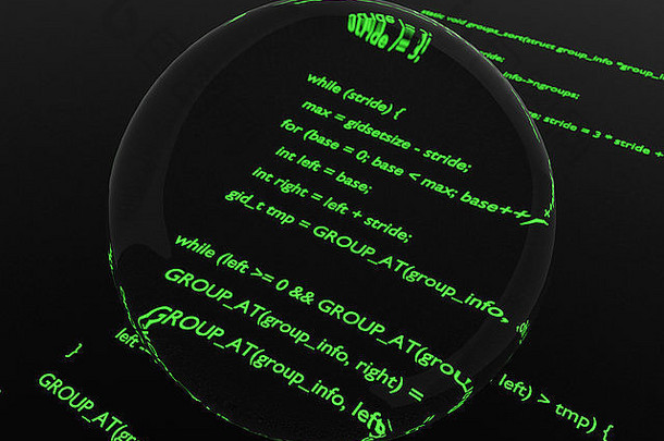 绿色发光的电脑代码放大中心玻璃磁盘