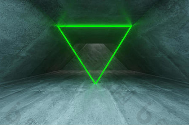 未来主义的sci混凝土长三角形形状的隧道发光的霓虹灯迹象内部空空间呈现插图