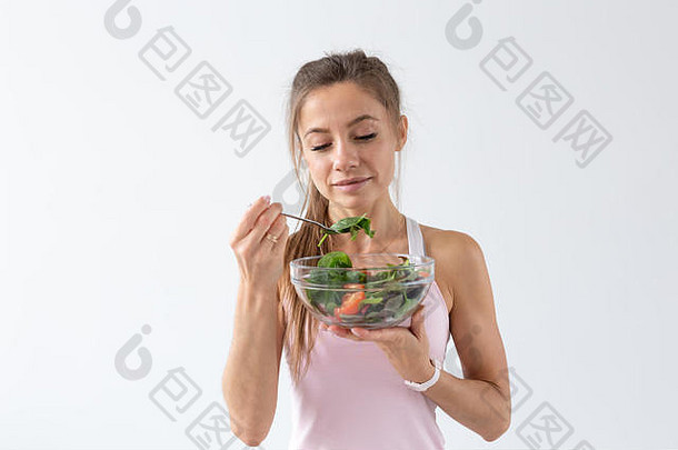 人食物饮食概念肖像女人吃健康的食物白色背景