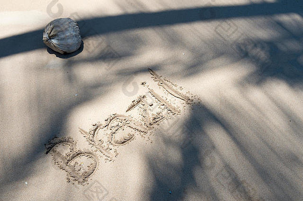 巴西消息手写的沙子棕榈叶状体阴影空海滩巴伊亚