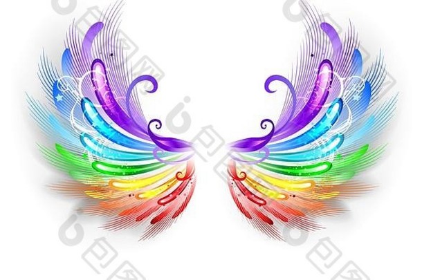 毛茸茸的彩虹翅膀白色背景