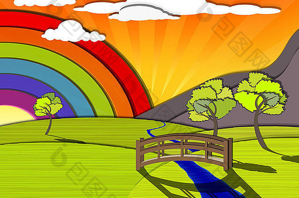 田园色彩斑斓的景观彩虹绿色山