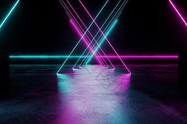 三角形sci未来主义的现代充满活力的发光的霓虹灯紫色的粉红色的蓝色的激光管灯长黑暗空难看的东西纹理混凝土隧道<strong>背景</strong>
