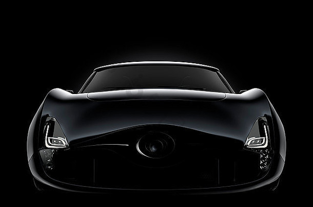 前面视图黑色的体育车孤立的黑色的背景呈现图像原始设计