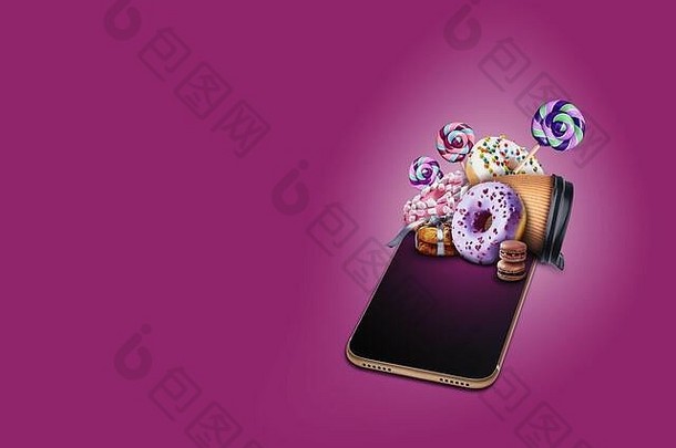 手机紫色的背景甜甜圈糖果拐杖咖啡饼干巧克力马卡龙拼贴画复制空间特写镜头