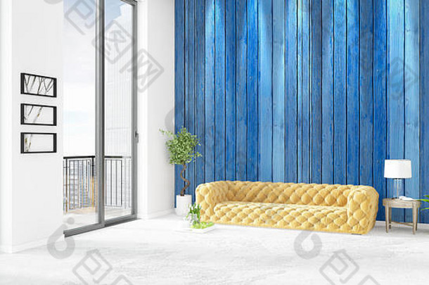 品牌白色阁楼卧室最小的风格室内设计Copyspace墙视图窗口呈现