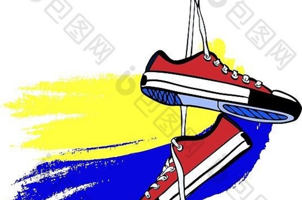 一对红色的体育运动鞋手绘挂长鞋带黄色的蓝色的背景