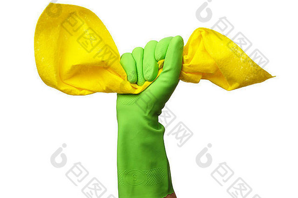 手绿色橡胶手套持有黄色的破布房子清洁概念孤立的白色