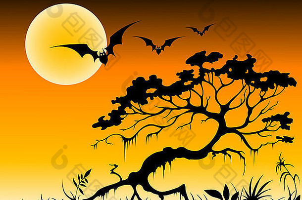 万圣节背景蝙蝠轮廓树月亮晚上