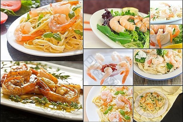 各种虾菜开胃菜海鲜拼贴画图像