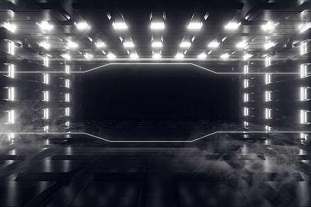 烟sci未来主义的金属反光示意图变形主板地板上现实的现代霓虹灯发光的激光行梁白色电形状电磁脉冲