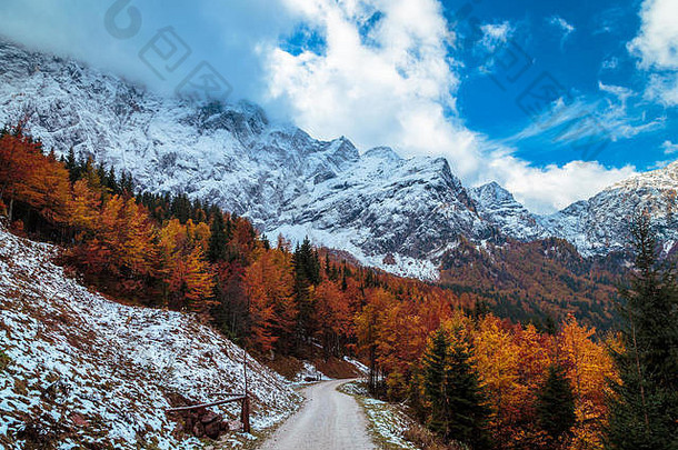 徒步旅行路意大利阿尔卑斯山脉沉默寡言的色彩斑斓的秋天