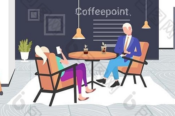 商人智能手机企业打破业务男人。女人同事坐着咖啡馆表格咖啡点室内平完整的长度