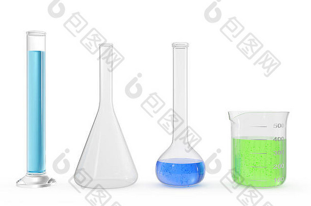 化学烧瓶彩色的液体白色背景背景科学化学概念实验室测试管烧瓶彩色的液体呈现