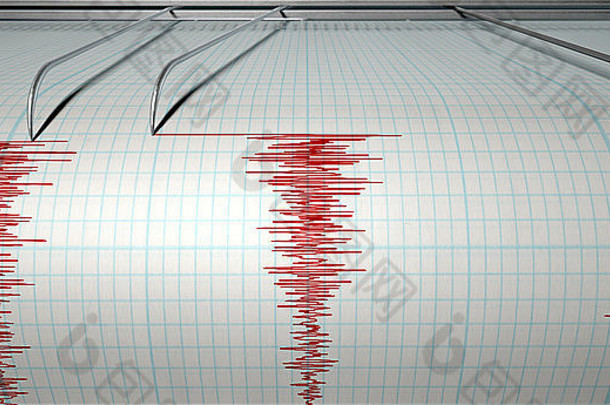 特写镜头地震仪机针画红色的行图纸描绘地震eartquake活动伊索拉