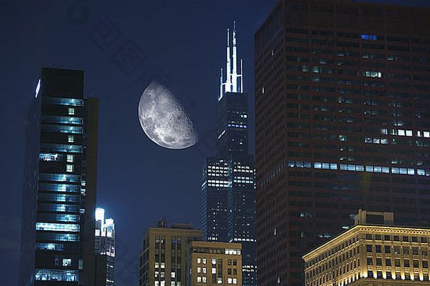 晚上小时芝加哥大月亮摩天大楼城市照片集合