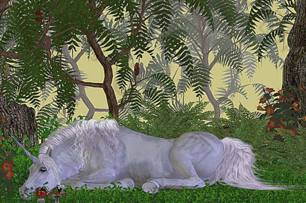 美丽的白色独角兽睡觉包围花神奇的森林