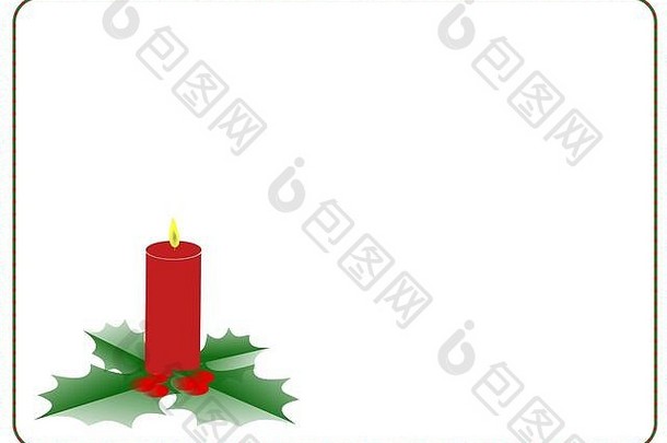 红色的蜡烛冬青嫩枝浆果底左红绿框架白色背景