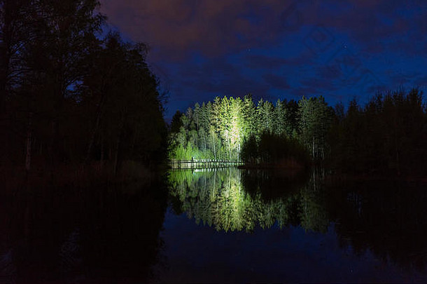 男人。站户外黑暗晚上闪亮的手电筒神秘的摘要照片瑞典自然景观