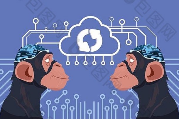 猴子头Cyborg大脑更新电路背景垂直横幅人工情报概念