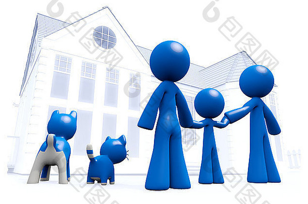 蓝色的家庭房子丈夫妻子孩子狗猫准备好了生活